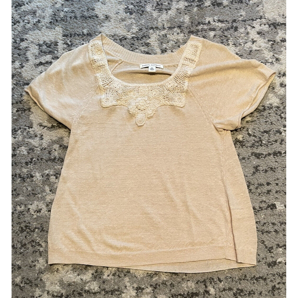 Banana Republic Womens T-Shirt Tan V-Neck Short Sleeve Tee Shirt Linen Blend XS